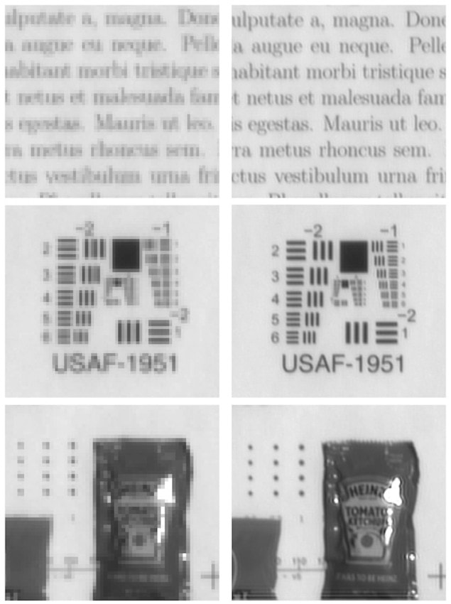 Three pairs of greyscale images, showing text, a pattern of lines, and an image. The left images are blurred, the right images are clearer