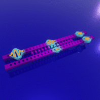 An illustration showing how vibrations in one side of the splitter become coupled to the other side. The two waveguides are shown as long, narrow purple blocks that overlap for part of their length. In the area of overlap, a big blue-and-yellow wave envelope that enters the picture via one waveguide is split into two smaller-magnitude wave envelopes travelling through both waveguides.