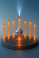 Illustration showing photon emission from a nanodiamond being directed by a bullseye antenna. The bullseye antenna is shown flat, and seven parallel orange arrows representing photons emerge from different parts of the bullseye, like candles on a birthday cake. At the centre of the bullseye is a diamond