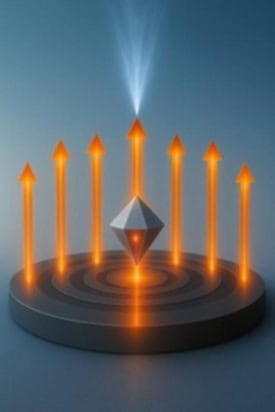 Illustration showing photon emission from a nanodiamond being directed by a bullseye antenna. The bullseye antenna is shown flat, and seven parallel orange arrows representing photons emerge from different parts of the bullseye, like candles on a birthday cake. At the centre of the bullseye is a diamond