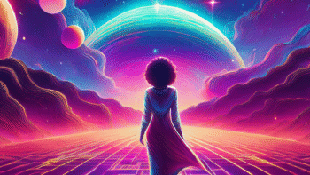 Neon cartoon of woman in a cosmic landscape
