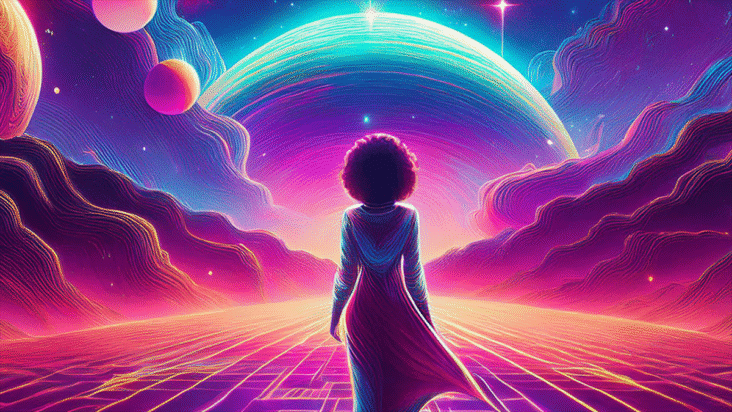 Neon cartoon of woman in a cosmic landscape