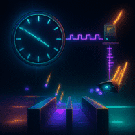 Conceptual image showing a clock outputting a square wave to a detector and an eye observing particles tunnelling through a pair of gaps. All the colours in the image are neon and the background is black