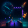 Conceptual image showing a clock outputting a square wave to a detector and an eye observing particles tunnelling through a pair of gaps. All the colours in the image are neon and the background is black
