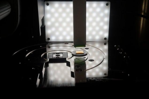 A photograph of the experimental apparatus, viewed through a mesh grid