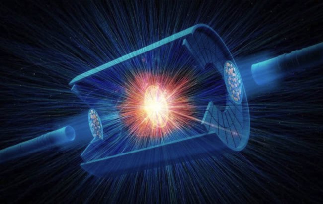 Artist’s impression of charged particle tracks streaming from a collision of two uranium nuclei overlaid on a sketch of the STAR detector at RHIC