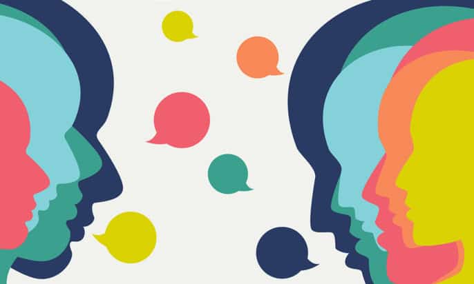 Silhouettes of several human heads and speech bubbles, indicating open communication