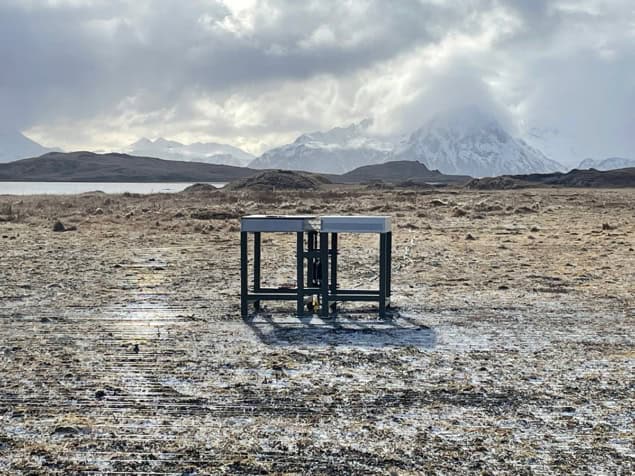 A radio antenna shaped like a table in remote tundra