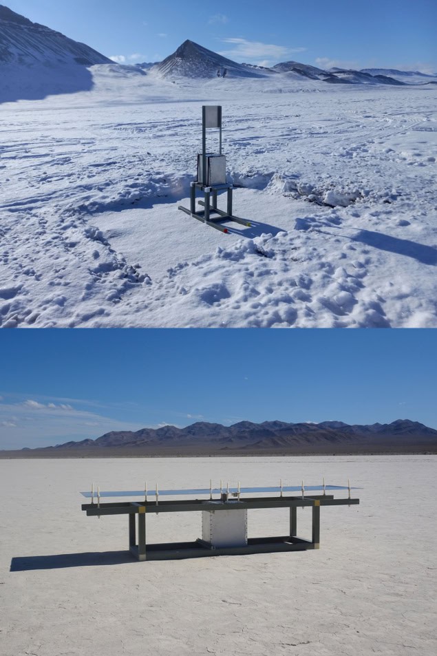 Two photos of a small portable radio telescope – in a snowy Arctic region and in a hot desert