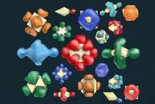 Image showing a variety of patterned patchy nanoparticles with new shapes and properties. They're brightly coloured against a black background