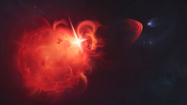 An artist’s impression of a large red star releasing a bright, explosive burst of light. Swirling red and orange patterns surround the star, suggesting intense activity. In the background, a smaller blue planet appears with a faint, wispy trail extending away from it, indicating its atmosphere being blown off. The scene is set against a dark space backdrop dotted with stars.