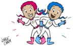 Cartoon of twins with blue and pink hair waving