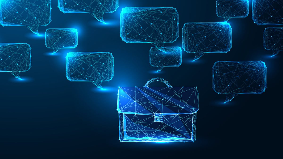 Futuristic abstract low poly wireframe vector illustration with glowing briefcase and speech bubbles