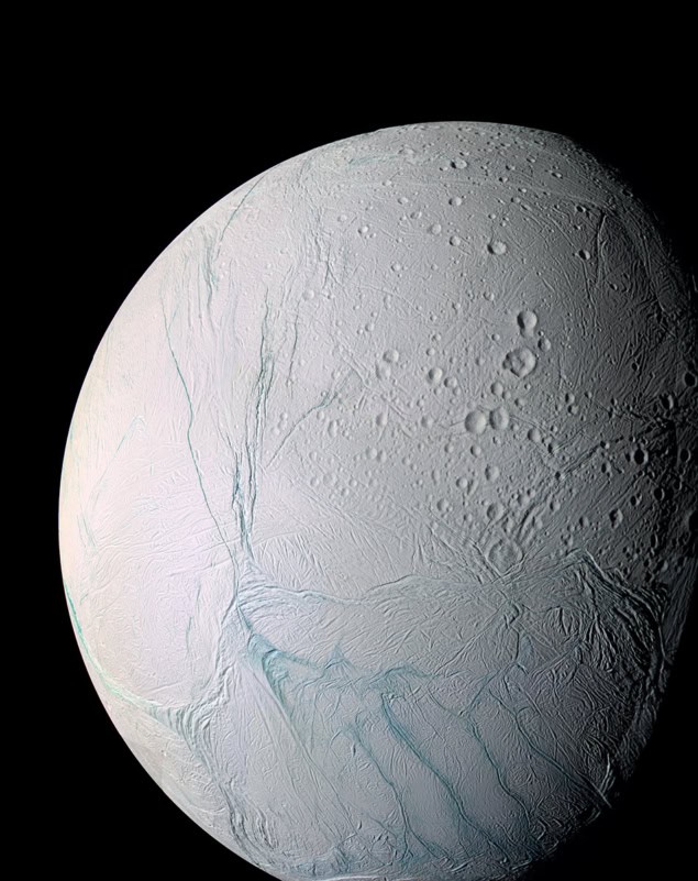 Direct image of Enceladus showing blue stripes