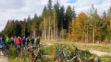 Large group of people and bikes at the edge of a forest