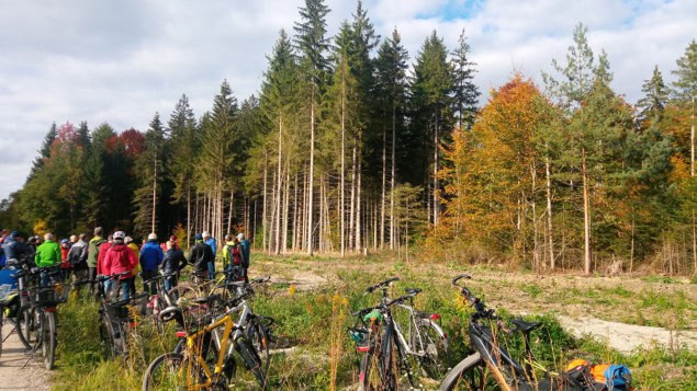 Large group of people and bikes at the edge of a forest