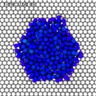 A still from a video that shows the motion of atoms (modelled as coloured spheres) against a grid