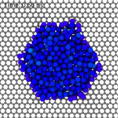 A still from a video that shows the motion of atoms (modelled as coloured spheres) against a grid