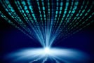 Binary code illustration with light and code focusing into the distance