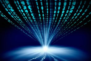 Binary code illustration with light and code focusing into the distance