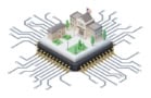 Conceptual image showing some solid-looking buildings perched on top of a computer chip with wires snaking off in all directions