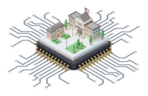 Conceptual image showing some solid-looking buildings perched on top of a computer chip with wires snaking off in all directions