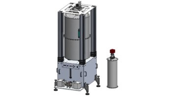 Illustration of a conventional atomic fountain clock (left) next to NPL’s miniature atomic fountain clock
