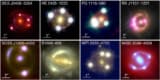 A montage of eight time-delay gravitational lens systems. There is an entire galaxy at the centre of each image, and bright points in rings around them.