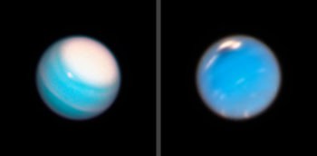 Images of Uranus, a turquoise-coloured world with a large white spot at the top, and Neptune, which is a slightly darker blue and has a smaller white spot. They're both floating against a black sky.