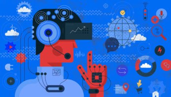 Cartoon of person wearing and using lots of technology including VR headset and lots of sensors