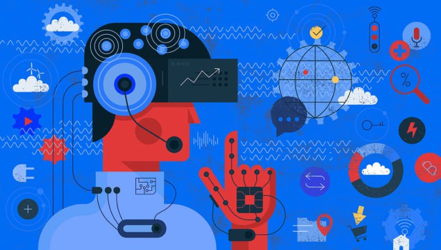 Cartoon of person wearing and using lots of technology including VR headset and lots of sensors