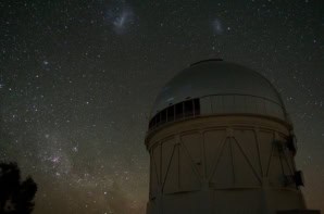 Photo of the Blanco telescope dome against a starry night sky