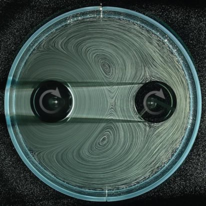 Photo of a circular tank, taken from above, showing two containers and swirling green fluids around them