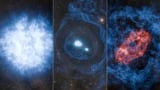 Three images showing in succession a massive star exploding, two neutron stars being born in the aftermath, and the neutron stars merging in a burst of red light
