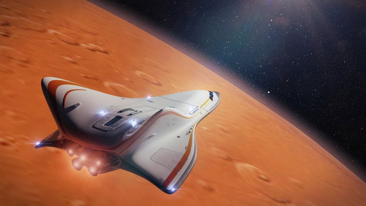 Futuristic spaceship in orbit over Mars