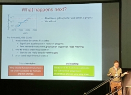 Photo of Matthew Schwartz speaking in front of a slide saying "What happens next?"