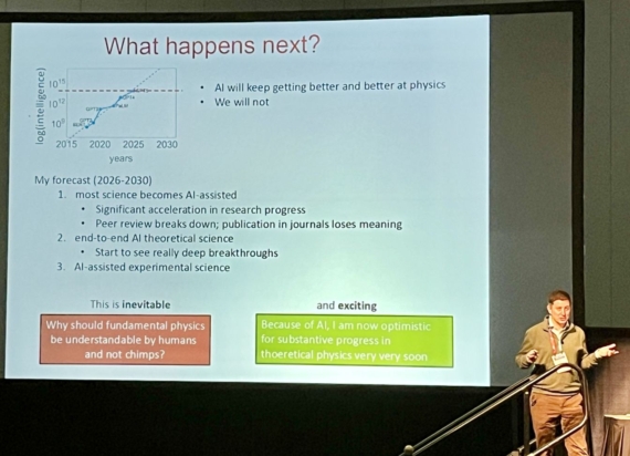 Photo of Matthew Schwartz speaking in front of a slide saying "What happens next?"