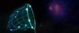 A net made from faintly glowing filaments and bright nodes appears poised to scoop up a dark-purple region of space