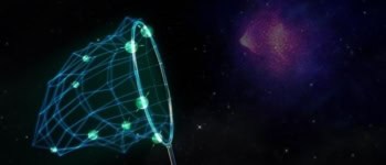 A net made from faintly glowing filaments and bright nodes appears poised to scoop up a dark-purple region of space