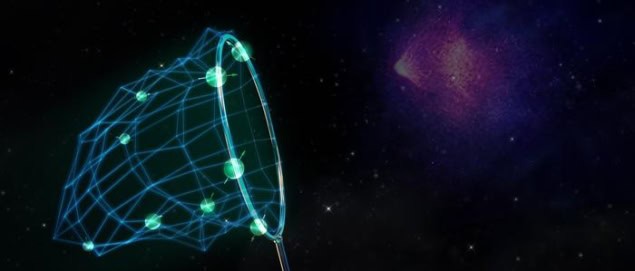 A net made from faintly glowing filaments and bright nodes appears poised to scoop up a dark-purple region of space