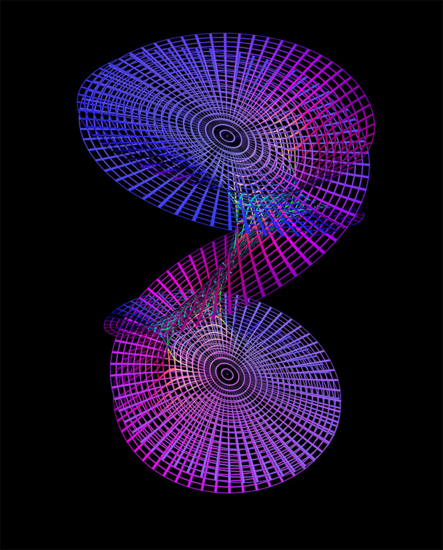 Digital illustration of two purple discs merging