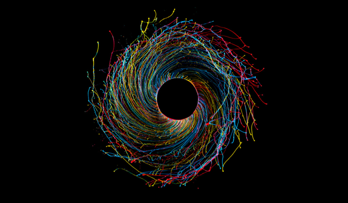 Artwork of bright coloured strands around a black circle