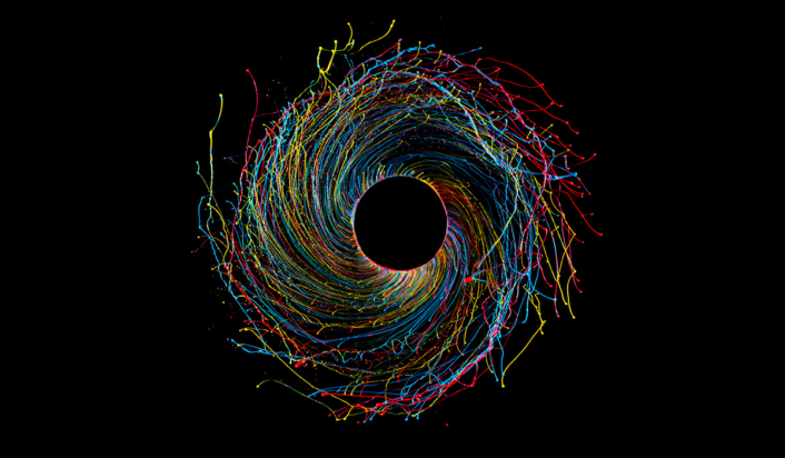 Artwork of bright coloured strands around a black circle