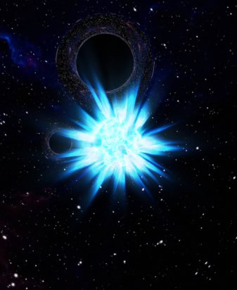 Artist's impression of a star exploding. The star is a bright blue spiky burst of light, and it appears against a star-dotted black background. Two circular areas of the background, representing a black hole binary, are completely black and starlight is warped around them.