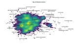 An AI-generated knowledge network of technical terms. It looks like a mostly green inkblot splatter, with purple edges (representing less well-connected terms) and yellow and red splodges (representing better-connected terms) in the interior. Some labels are visible. For example, "mechanical property" and "particle size" are in the well-connected interior, while terms such as "peierls stress" and "dynamic recrystallization" are out on the edges.