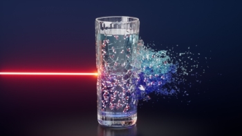 Conceptual image showing a bright neon red laser beam striking a glass of water. Inside the water glass are little ball-and-stick models of water molecules. The glass is divided into dark and light blue regions, representing the two liquid phases of supercooled water. On the side of the glass opposite the laser beam, the water is bursting outward.