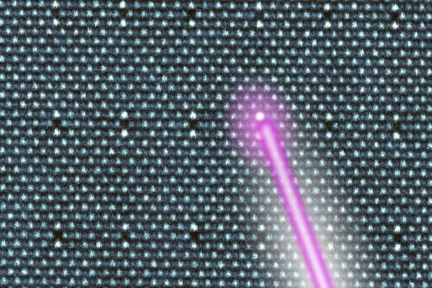 Illustration of how an electron beam is used to modify a crystal