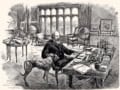 Woodcut drawing of Tennyson sat at a desk surrounded by books, papers, globes and his dog