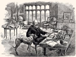 Woodcut drawing of Tennyson sat at a desk surrounded by books, papers, globes and his dog