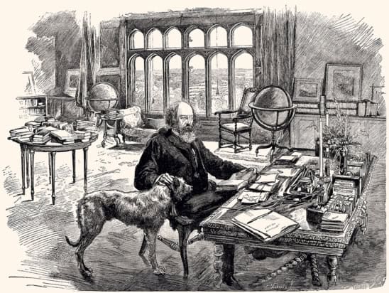 Woodcut drawing of Tennyson sat at a desk surrounded by books, papers, globes and his dog